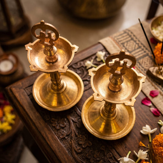 Antique Brass Small Samay Set in Pair | Traditional Ceremonial Oil Lamps with Om Motif | Made in 1980 - Bombay Antiques