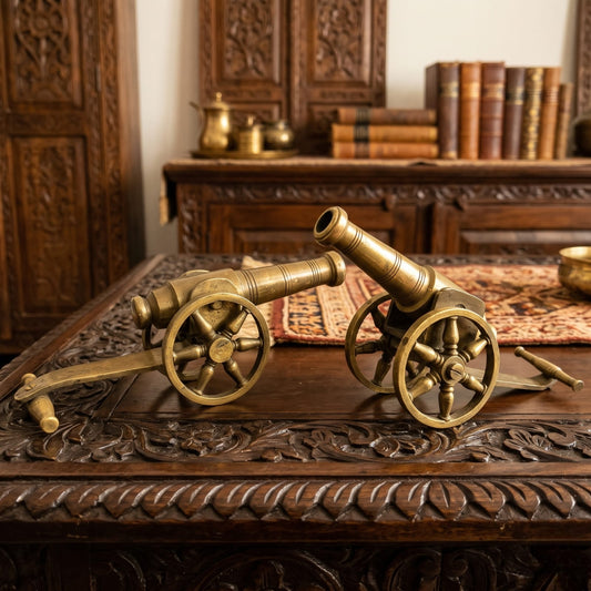 Antique Brass Cannon Set in Pair | Traditional Decorative Artillery Models with Spoked Wheels | Made in 1970