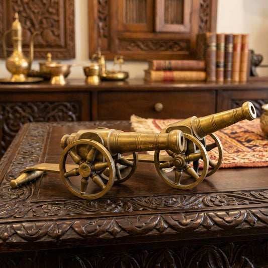 Antique Brass Cannon Set in Pair | Traditional Decorative Artillery Models with Spoked Wheels | Made in 1970 - Bombay Antiques