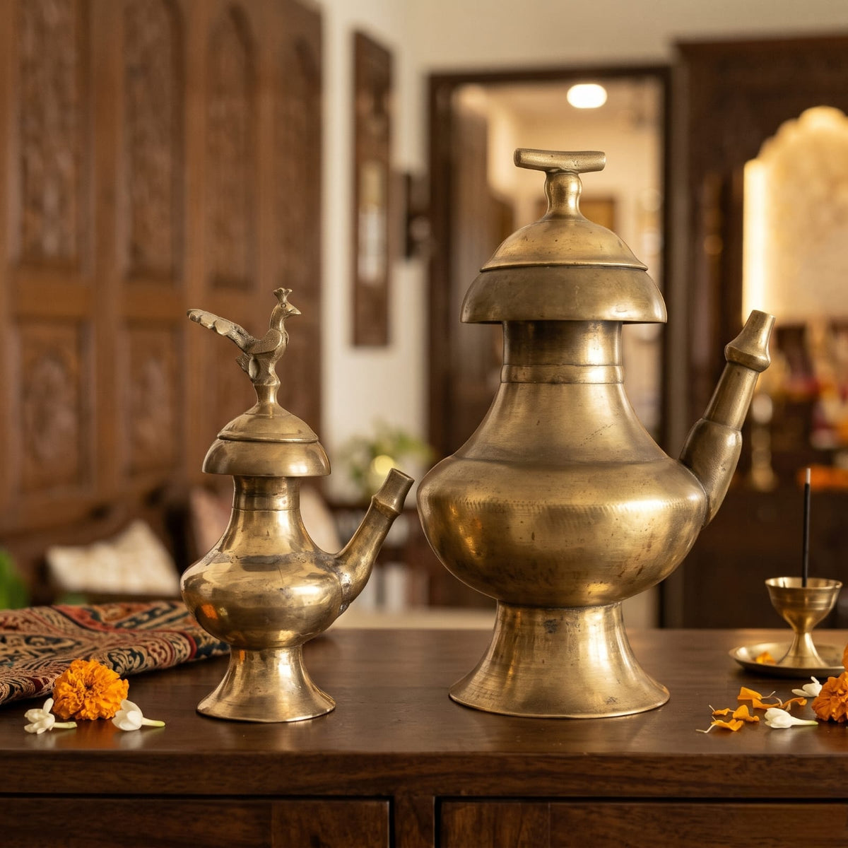 Antique Brass Rare Kamandal Set in Pair | Traditional Spouted Ceremonial Water Vessels with Lids | Made in 1959