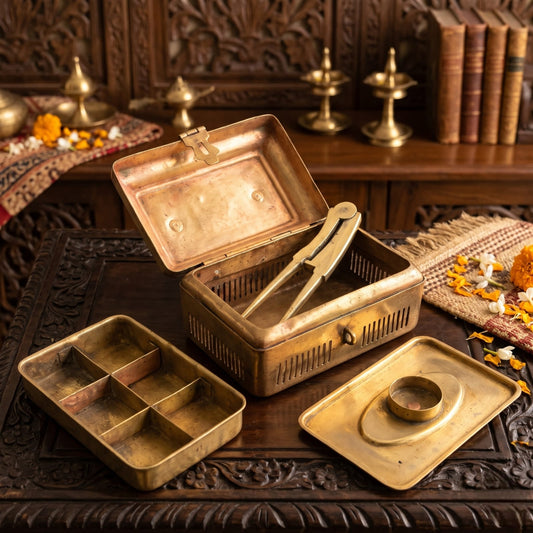 Antique Brass Pan Dabba | Traditional Lidded Betel Nut and Spice Box with Compartments | Made in 1977 - Bombay Antiques