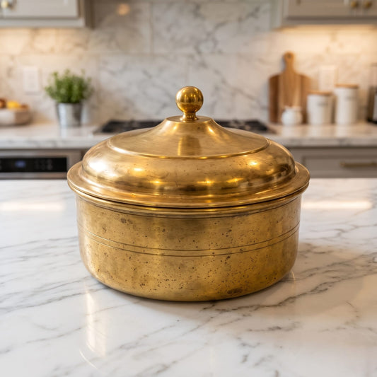 Antique Brass Chapati Box | Traditional Lidded Storage Container and Food Vessel | Made in 1966