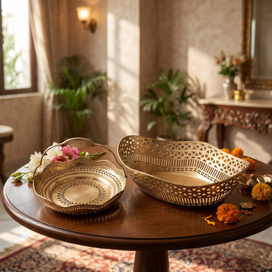 Antique Brass Pierced Basket Set in Pair | Traditional Openwork Decorative Fruit and Utility Bowls | Made in 1970 - Bombay Antiques