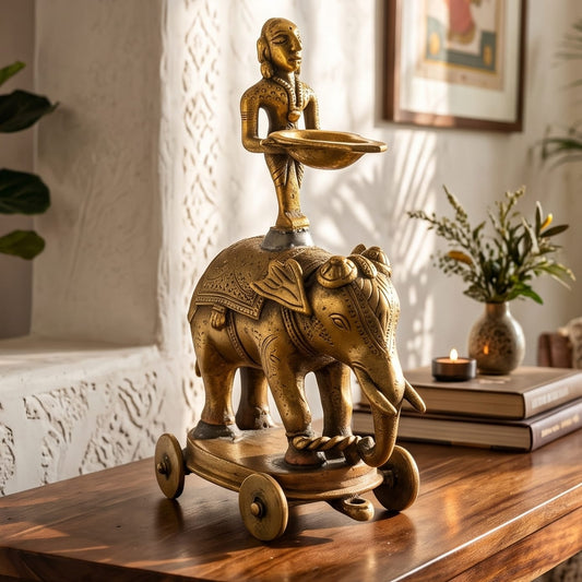 Antique Brass Elephant Diya with Rolling Wheels | Heavy-Gauge Figural Oil Lamp | Made in 1972