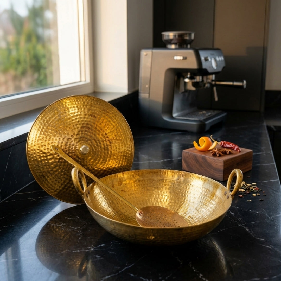Antique Brass Cooking Kadhai with Lid and Ladle | Traditional Hammered Culinary Vessel and Kitchenware | Made in 1978