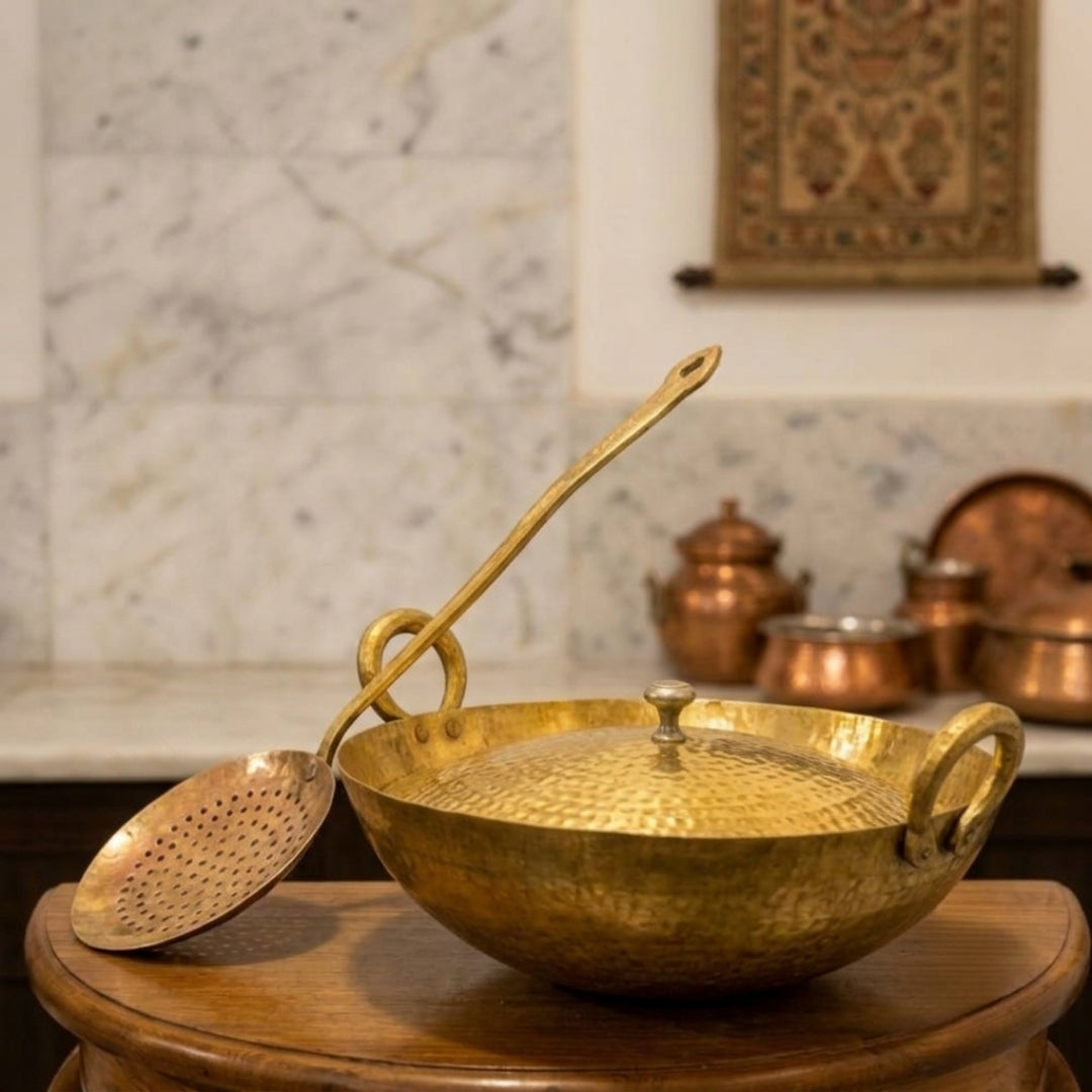 Antique Brass Cooking Kadhai with Lid and Ladle | Traditional Hammered Culinary Vessel and Kitchenware | Made in 1978