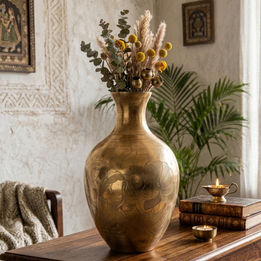 Antique Brass Figural Engraved Flower Vase | Heavy-Gauge Decorative Vessel | Made in 1978