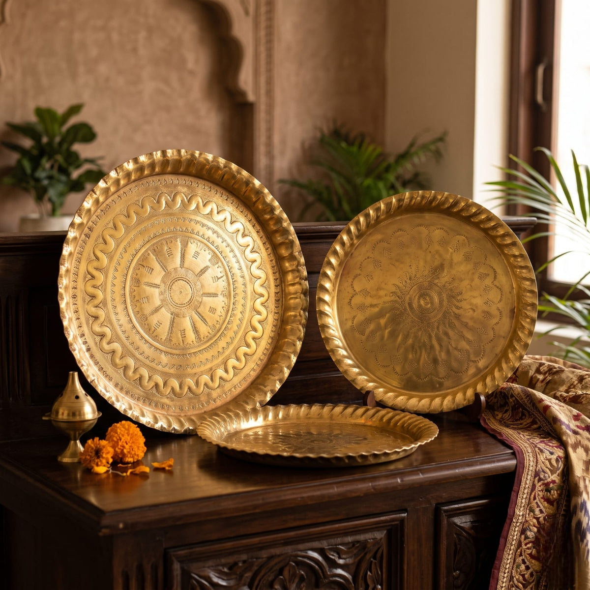 Antique Brass Engraved Decorative Trays Set of 3 | Heavy-Gauge Serving Platters | Made in 1978