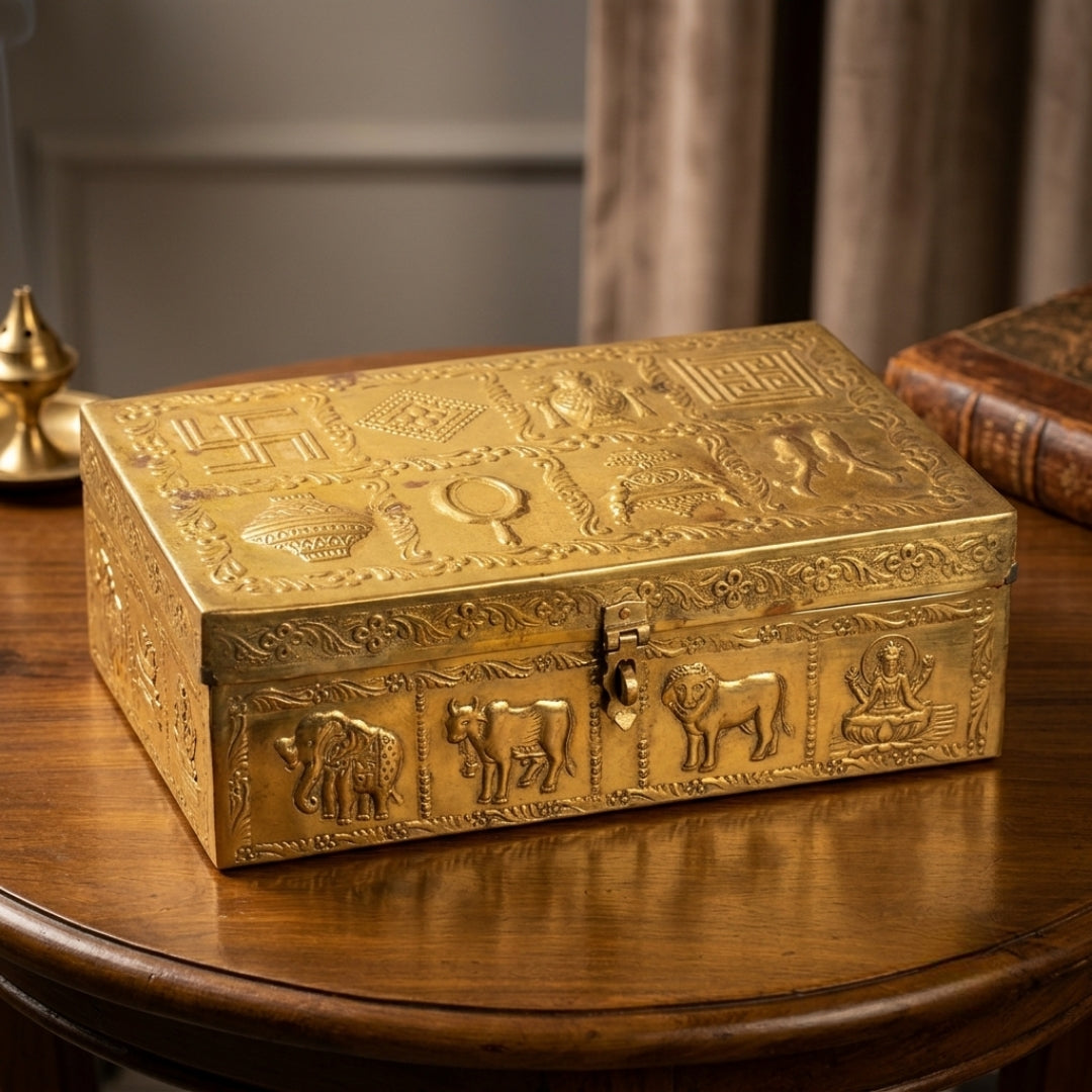 Antique Brass Relief-Engraved Storage Box | Heavy-Gauge Decorative Keepsake Casket | Made in 1973