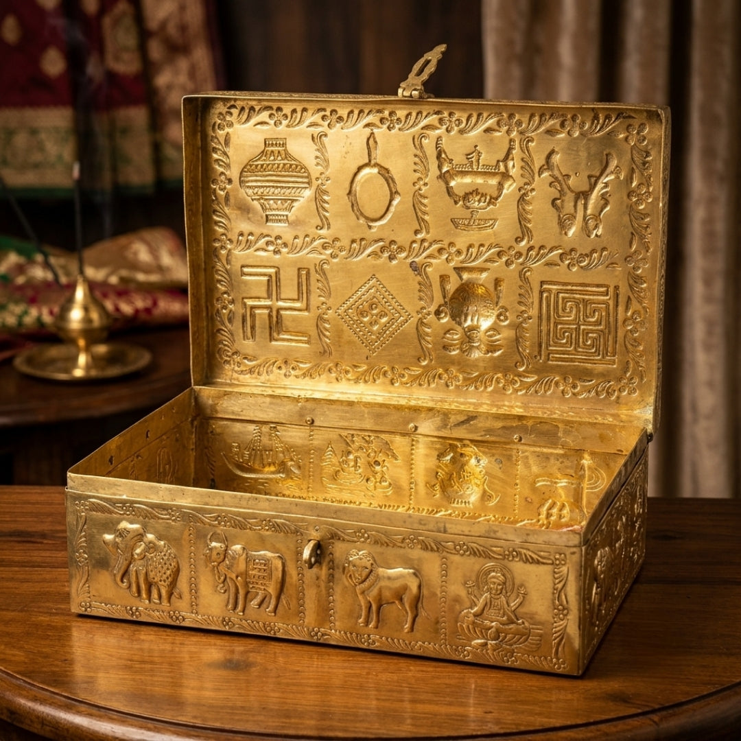 Antique Brass Relief-Engraved Storage Box | Heavy-Gauge Decorative Keepsake Casket | Made in 1973