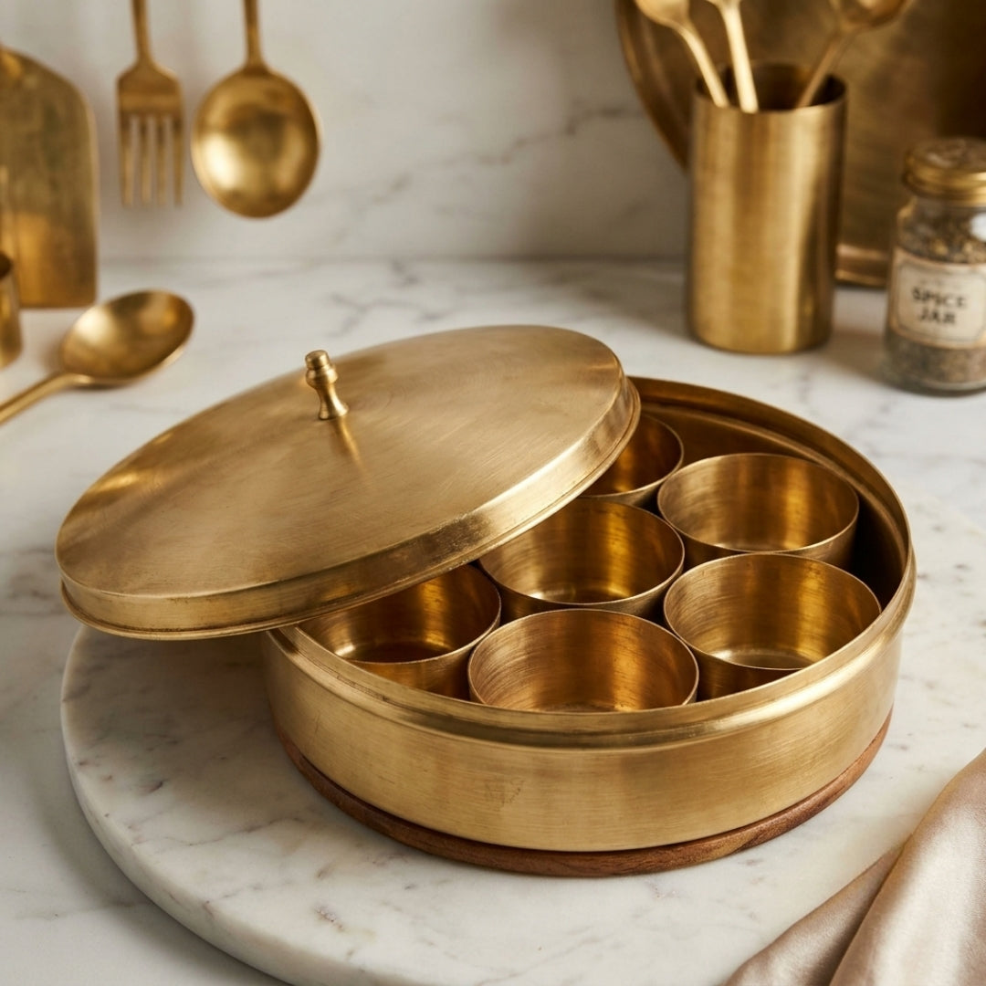 Antique Brass Masala Box with Nested Compartments | Heavy-Gauge Kitchen Spice Container | Made in 1977