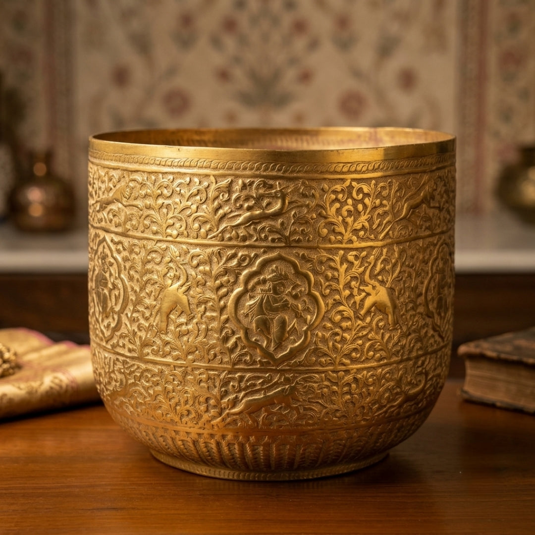 Antique Brass Relief-Engraved Planter | Heavy-Gauge Decorative Jardinière | Made in 1967