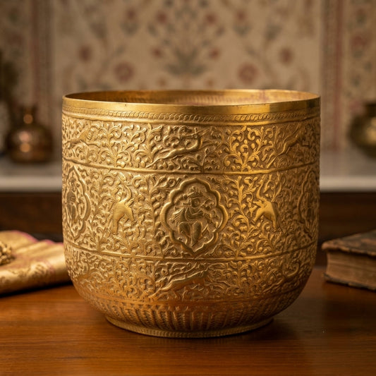 Antique Brass Relief-Engraved Planter | Heavy-Gauge Decorative Jardinière | Made in 1967