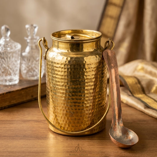 Antique Brass Hammered Storage Canister with Copper Ladle | Heavy-Gauge Kitchen Vessel | Made in 1981