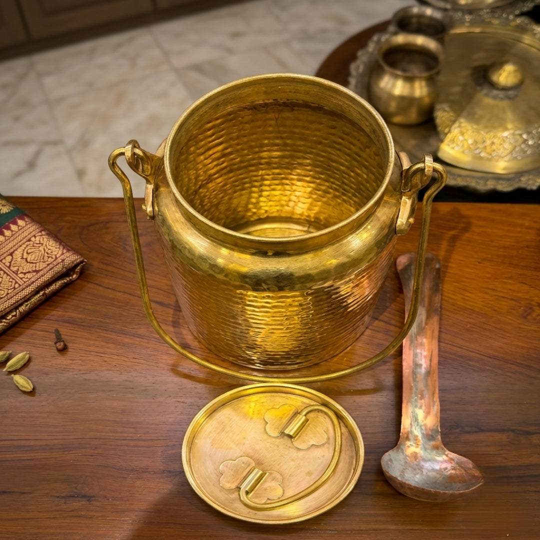 Antique Brass Hammered Storage Canister with Copper Ladle | Heavy-Gauge Kitchen Vessel | Made in 1981