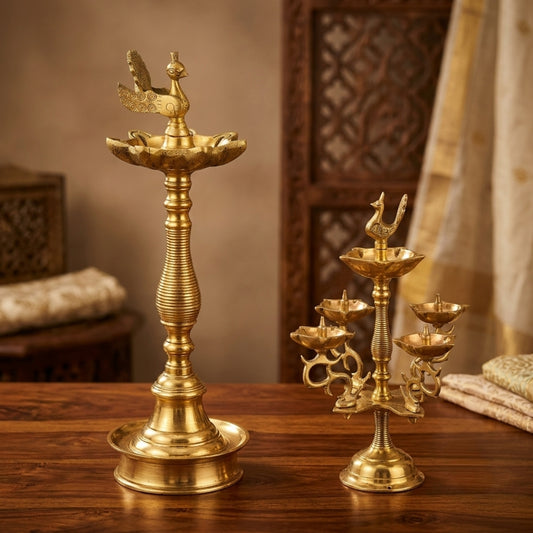 Antique Brass Peacock Samay and Multi-Tier Oil Lamp Set of 2 | Heavy-Gauge Ceremonial Kuthu Vilakku | Made in 1976