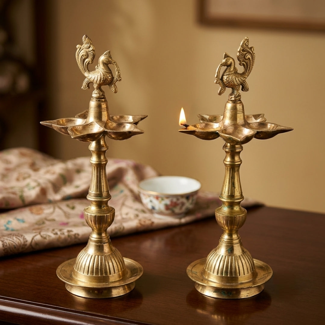 Antique Brass Standing Peacock Diya Set of 2 | Heavy-Gauge Ceremonial Kuthu Vilakku | Made in 1978