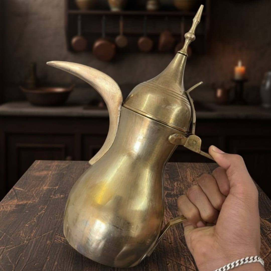 1968 Antique Brass Jug Set with Glasses & Serving Plate | Handcrafted Pital Tableware