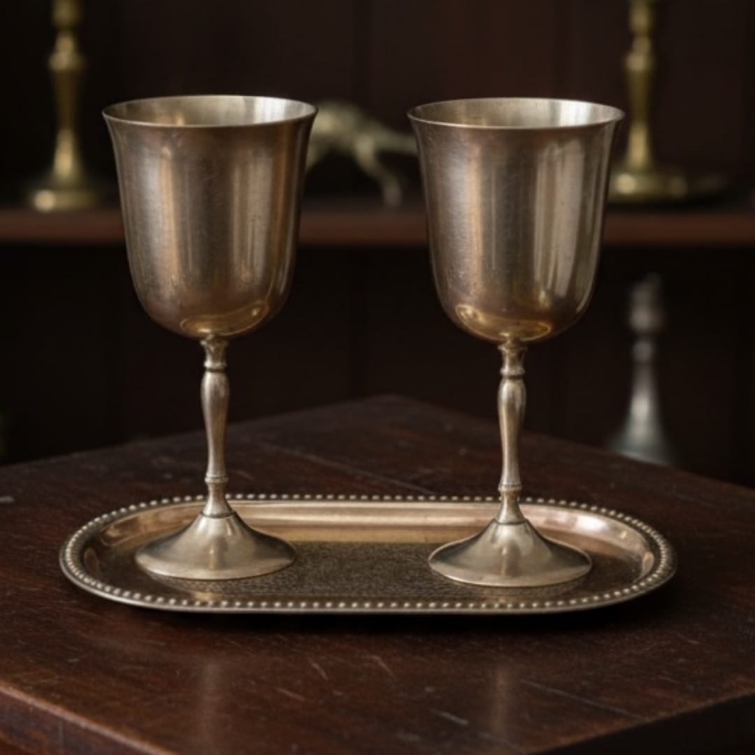 1986 Antique Brass Wine Glass Set With Tray | Classic Brass Tableware Pair