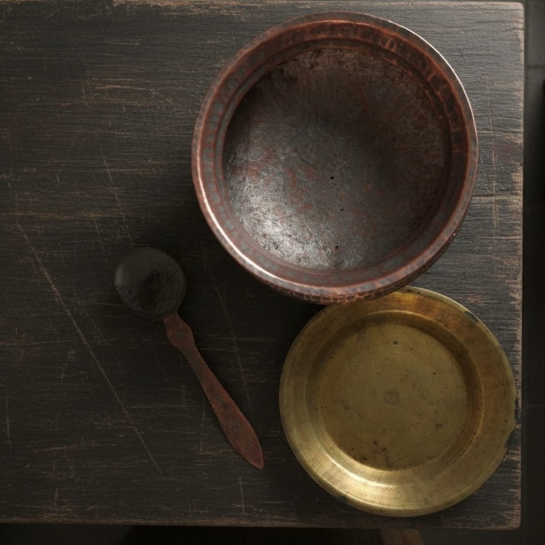 1986 Antique Copper Cooking Pot with Spoon and Brass Lid | Classic Copper Kitchen Collectible