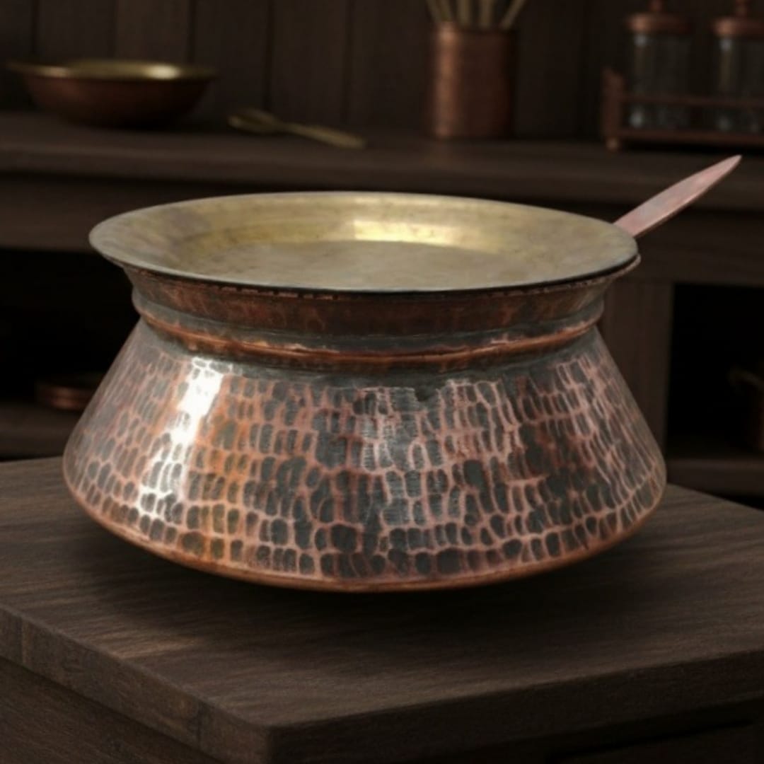 1986 Antique Copper Cooking Pot with Spoon and Brass Lid | Classic Copper Kitchen Collectible