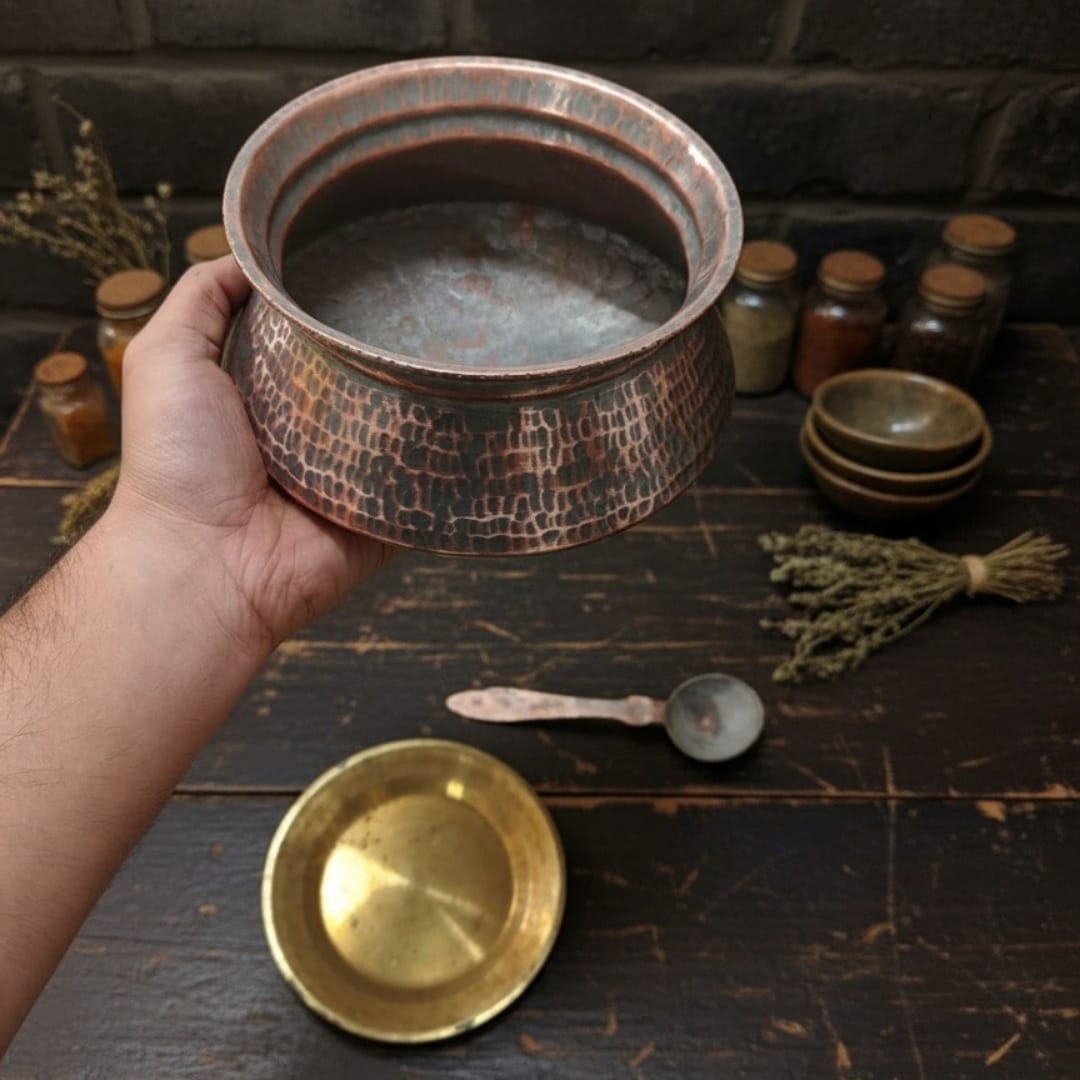 1986 Antique Copper Cooking Pot with Spoon and Brass Lid | Classic Copper Kitchen Collectible