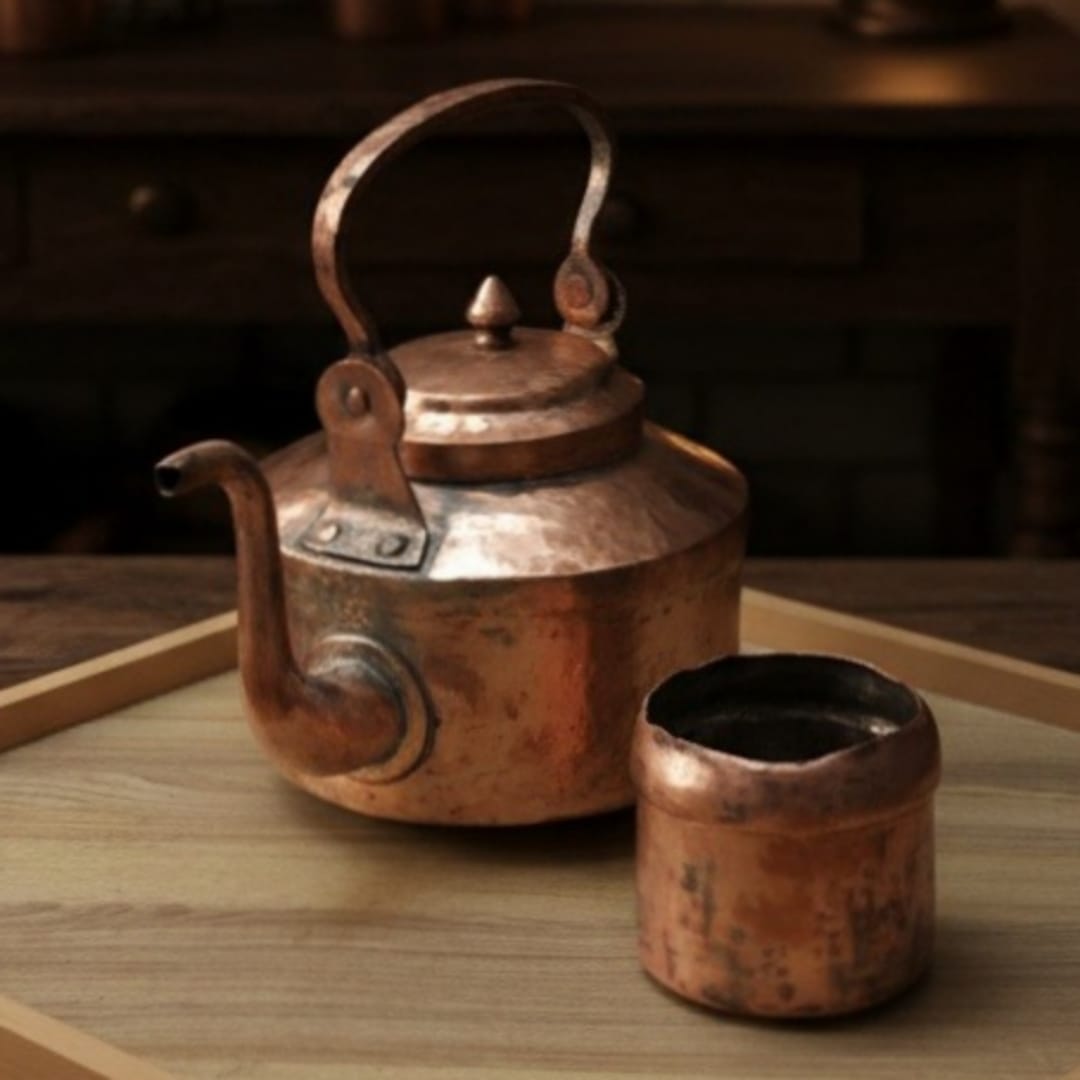 1984 Antique Copper Kettle with Glass | Copper Serveware Collectible