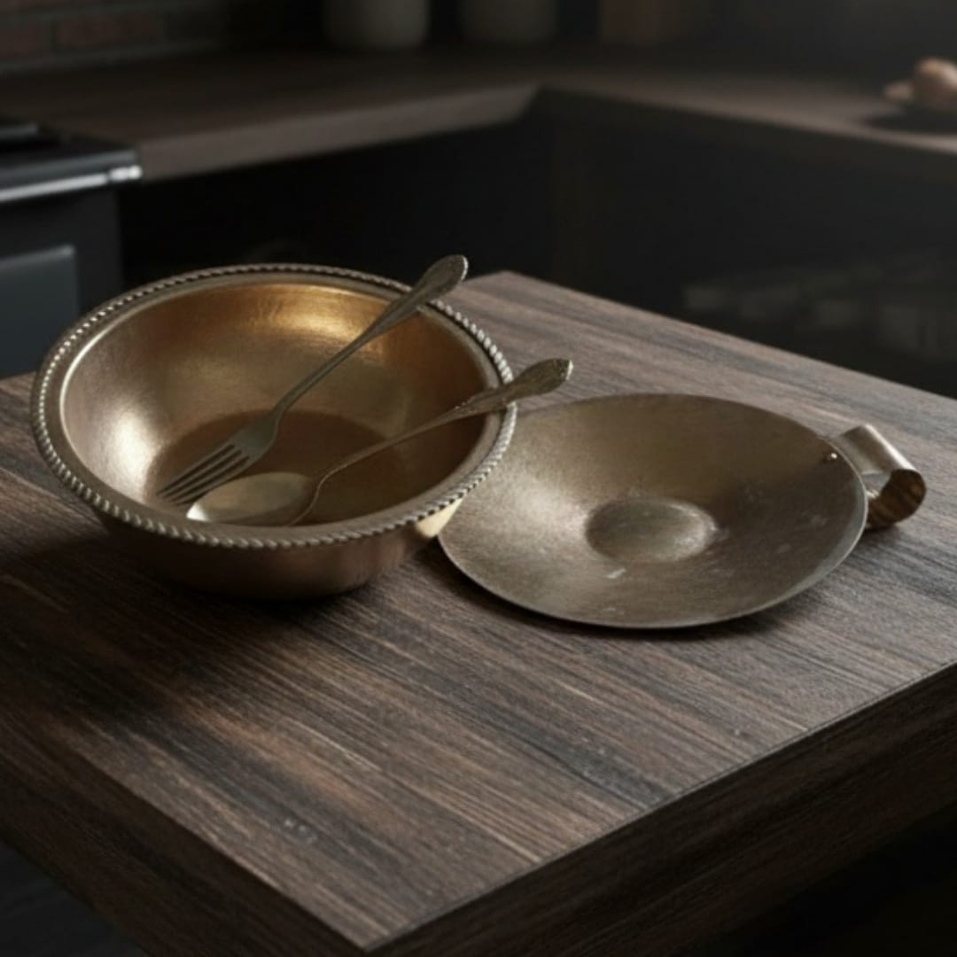 1990 Antique Brass Serving Bowl with Spoons & Ladle | Brass Tableware Set - Bombay Antiques