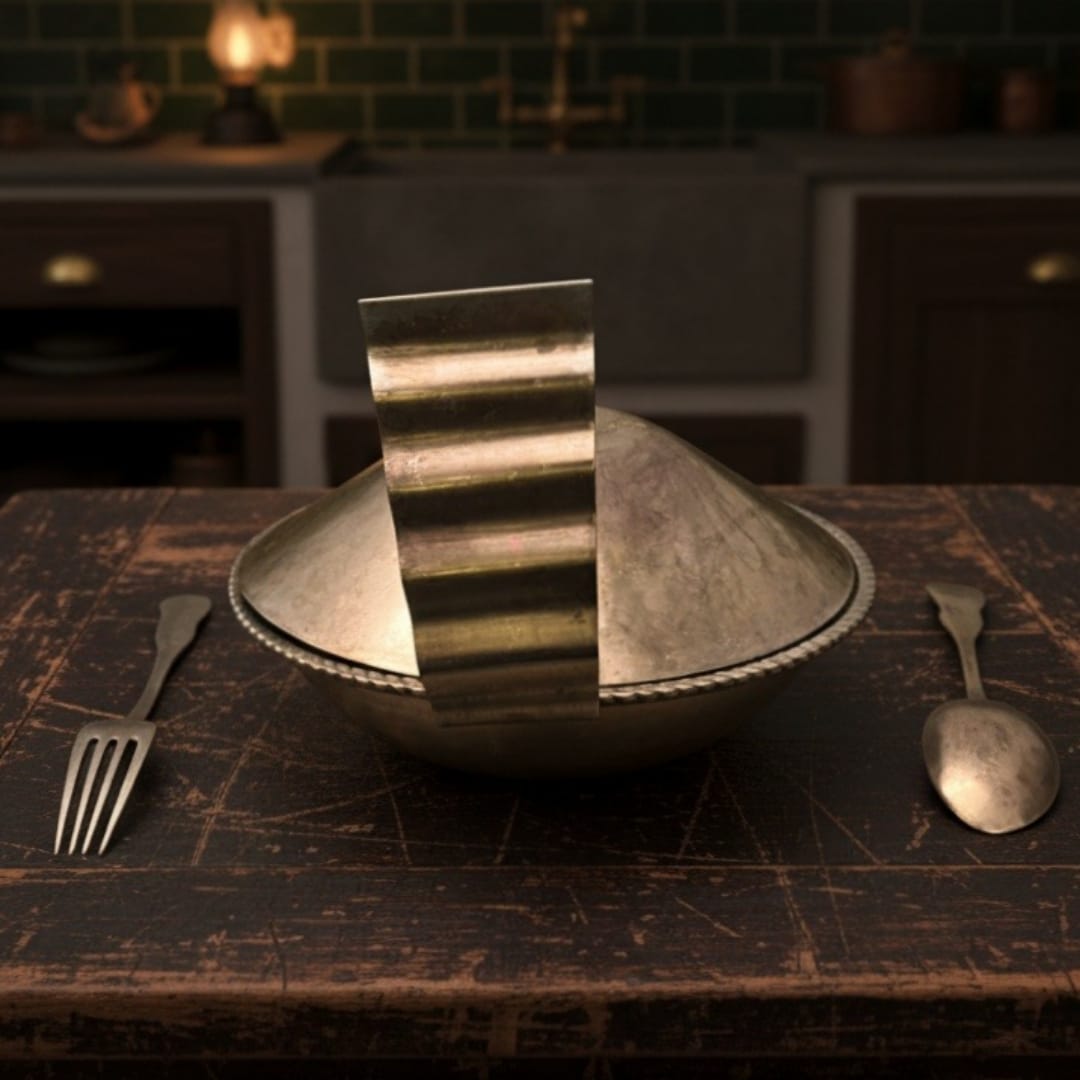 1990 Antique Brass Serving Bowl with Spoons & Ladle | Brass Tableware Set - Bombay Antiques