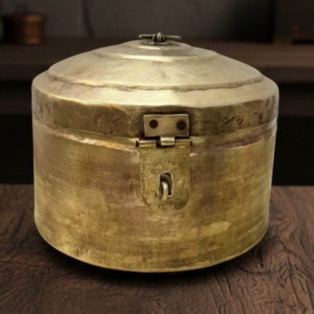 1971 Antique Brass Kadi Dabba | Large Brass Kadi Dabba Storage Vessel