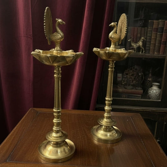 1973 Antique Brass Peacock Samay Pair | Tall Peacock-Form Brass Oil Lamps