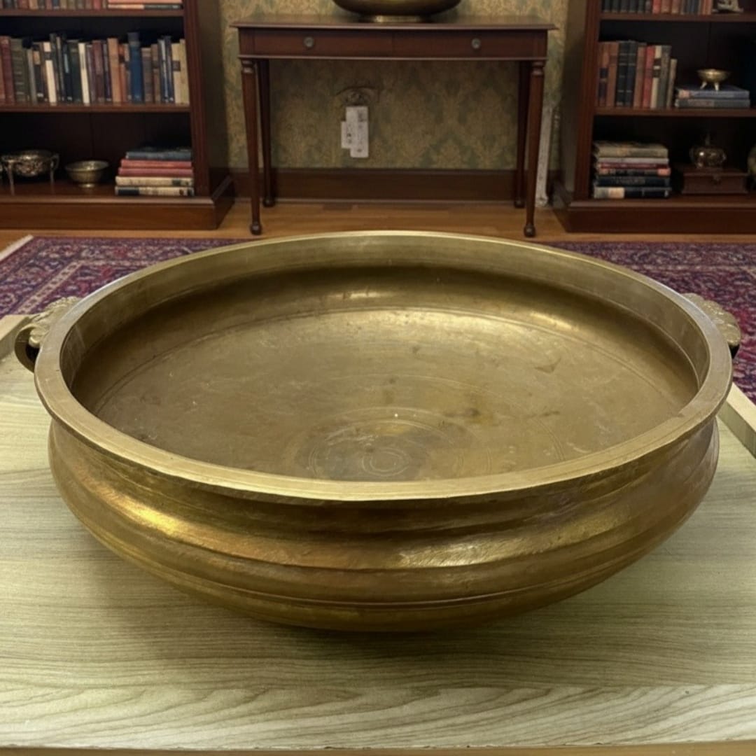 1975 Antique Brass Heavy Urli | Monumental Floral Water Bowl