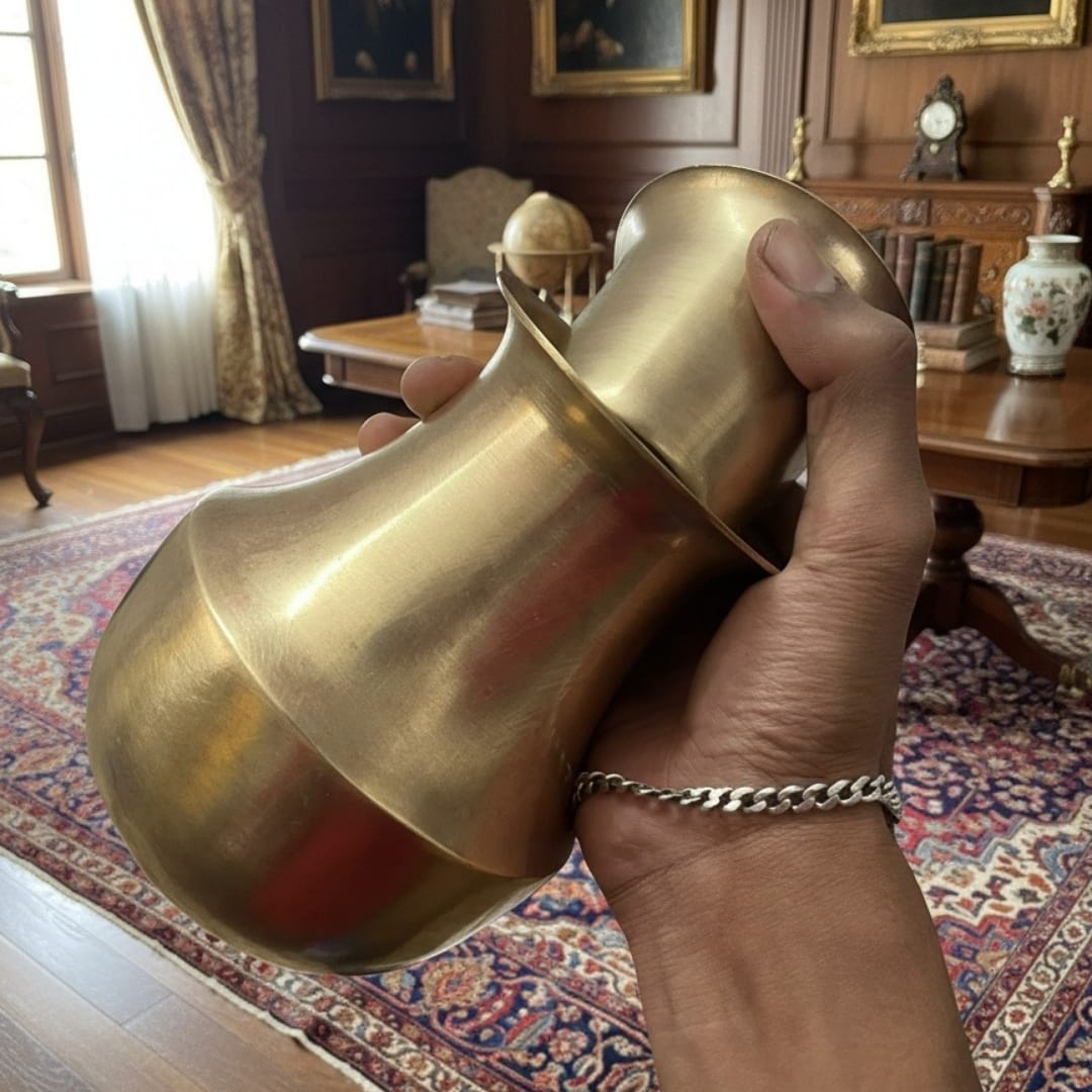 1988 Antique Brass Kalash Pair with Pyala | Ritual Vessel Drinking Set