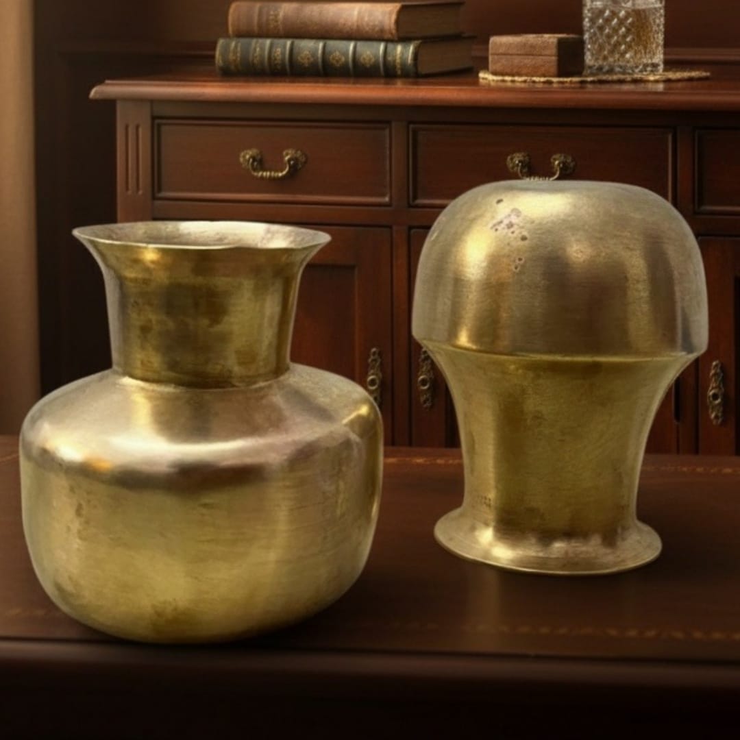 1988 Antique Brass Kalash Pair with Pyala | Ritual Vessel Drinking Set