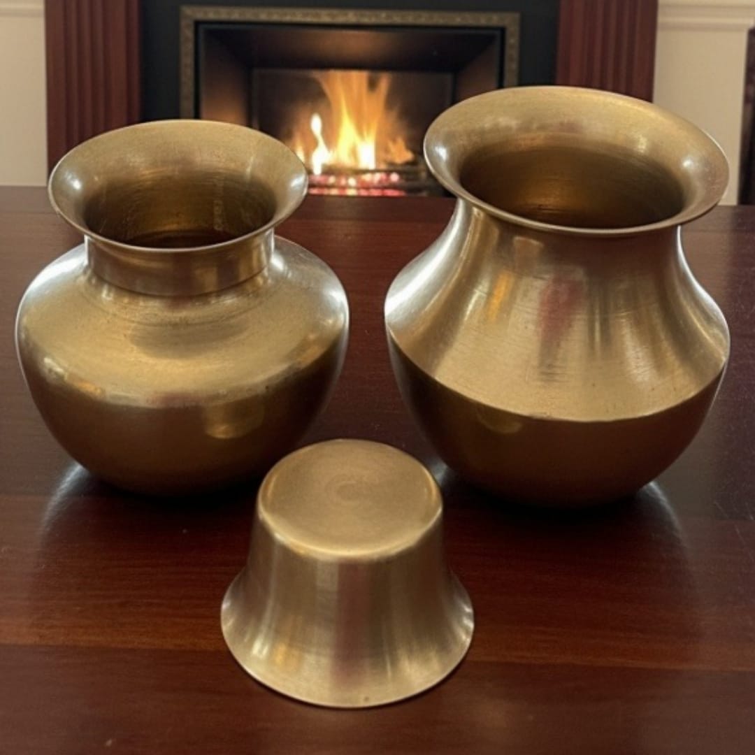 1988 Antique Brass Kalash Pair with Pyala | Ritual Vessel Drinking Set