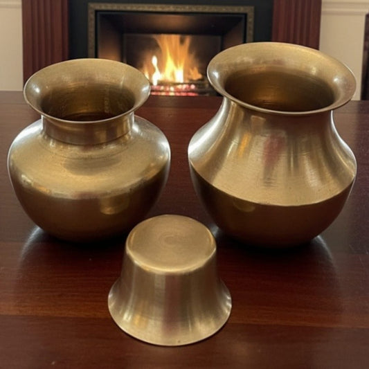 1988 Antique Brass Kalash Pair with Pyala | Ritual Vessel Drinking Set