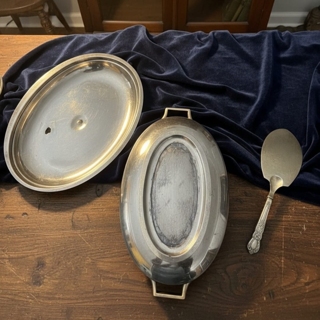 1989 Antique Brass Dish with Lid & Ladle | Ornate Serving Set