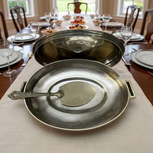 1989 Antique Brass Dish with Lid & Ladle | Ornate Serving Set