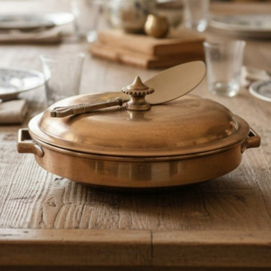 1989 Antique Brass Dish with Lid & Ladle | Ornate Serving Set