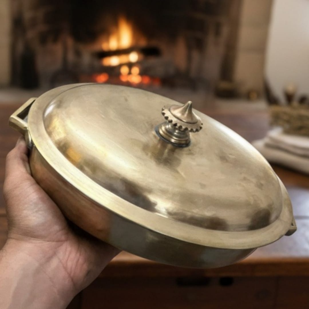 1989 Antique Brass Dish with Lid & Ladle | Ornate Serving Set