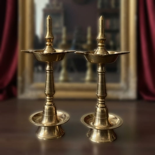 1981 Antique Brass Samay Diya Pair | Traditional South Indian Lamps