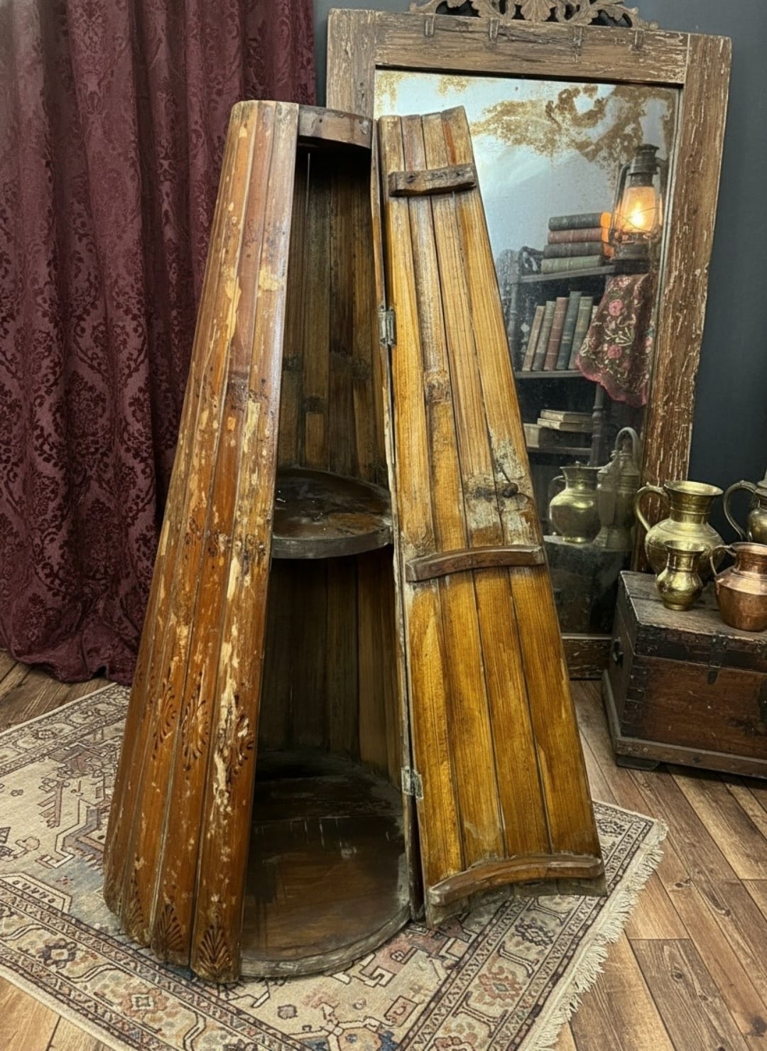 1976 Antique Bamboo Wooden Storage Cabinet | Tall Display Unit
