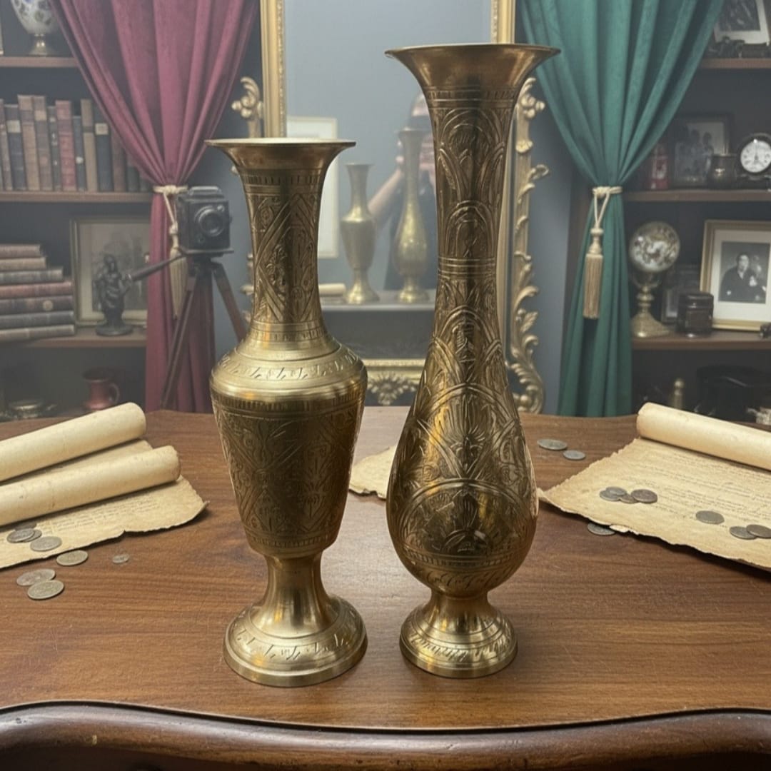 1982 Antique Brass Engraved Vase Pair | Tall Decorative Brass Vases