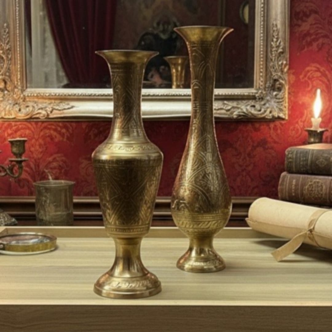 1982 Antique Brass Engraved Vase Pair | Tall Decorative Brass Vases