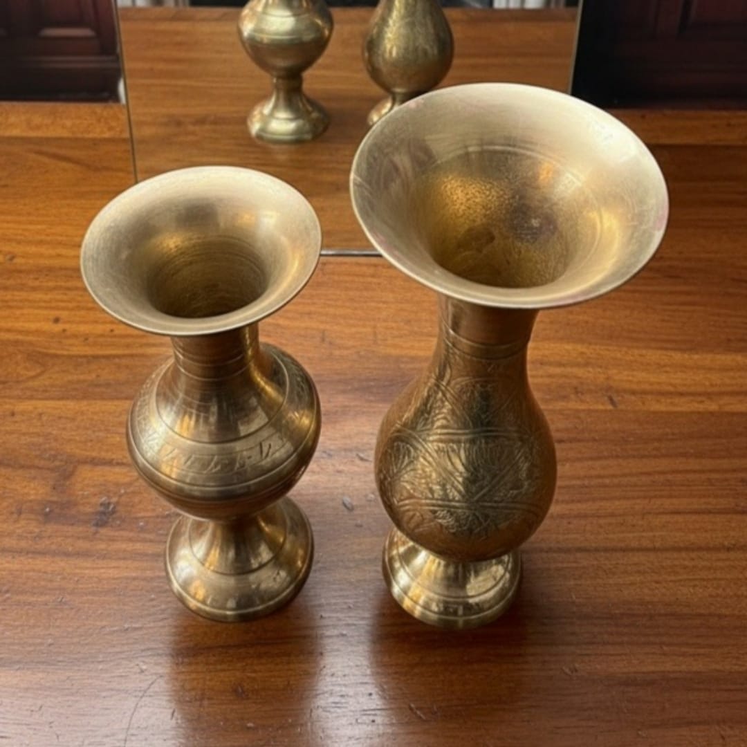 1982 Antique Brass Engraved Vase Pair | Tall Decorative Brass Vases