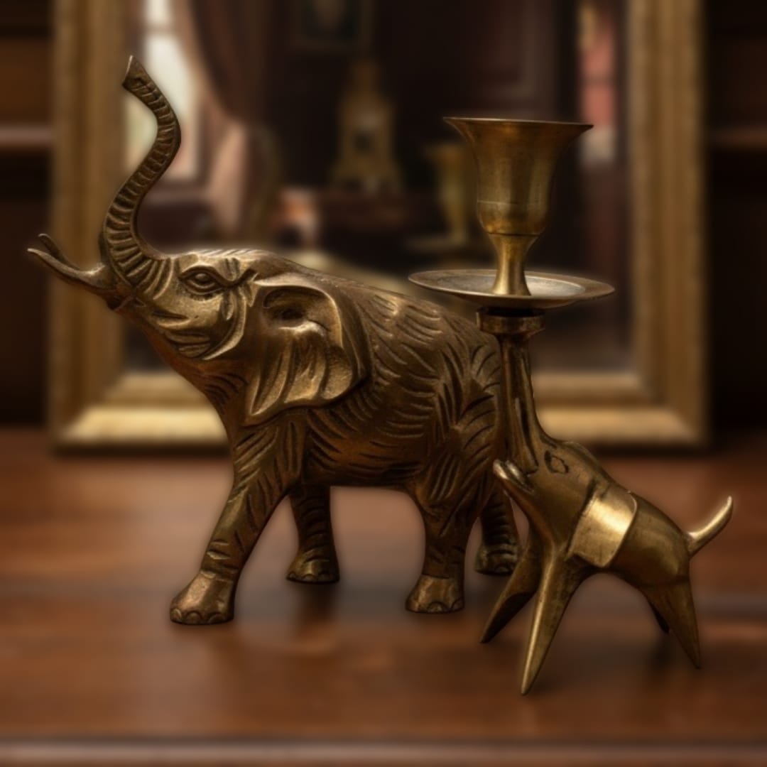 1986 Antique Brass Elephant Candle Holder and Decor Showpiece Set | Solid Brass Decorative Pair