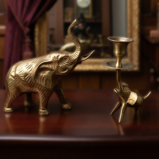 1986 Antique Brass Elephant Candle Holder and Decor Showpiece Set | Solid Brass Decorative Pair