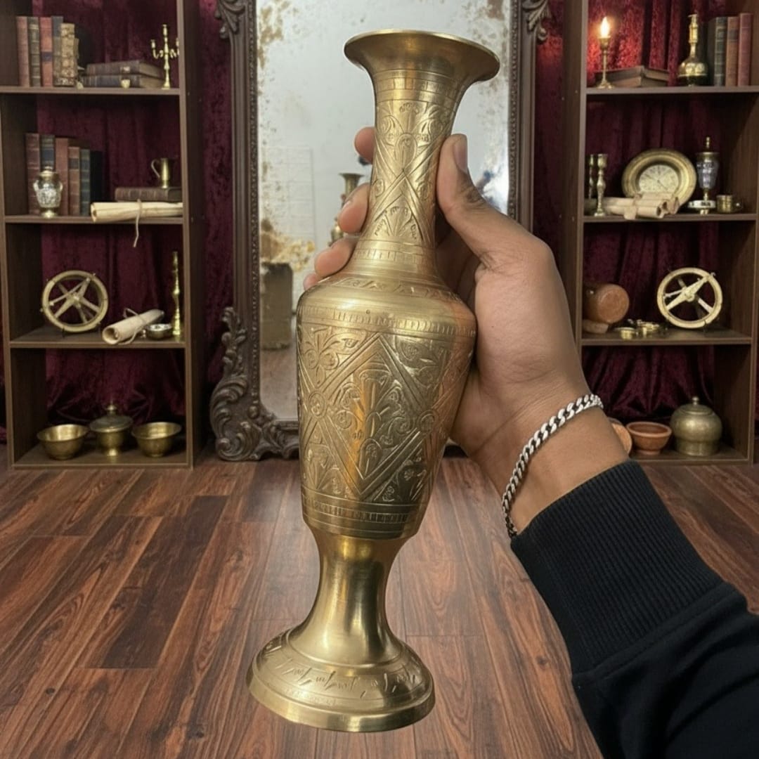 1982 Antique Brass Engraved Vase Pair | Tall Decorative Brass Vases