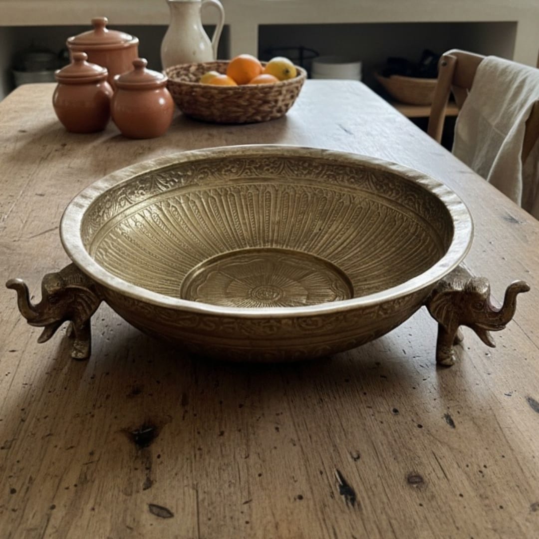 1988 Antique Brass Engraved Elephant Legs Urli | Heavy Decorative Brass Bowl