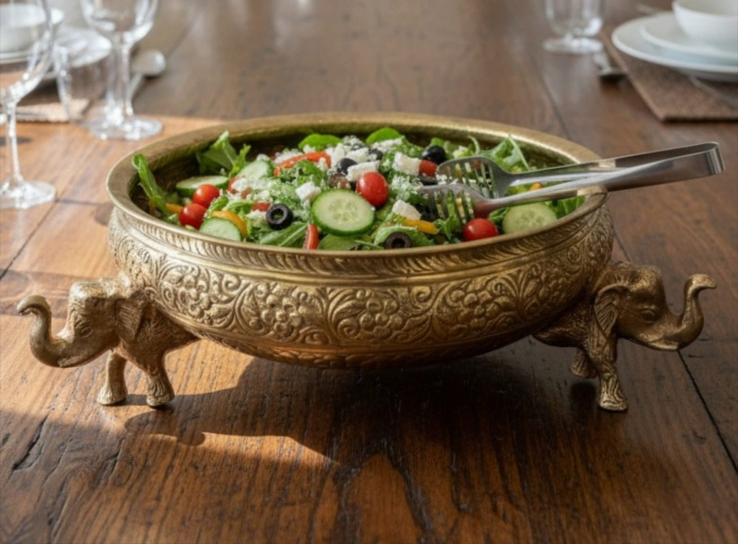 1988 Antique Brass Engraved Elephant Legs Urli | Heavy Decorative Brass Bowl